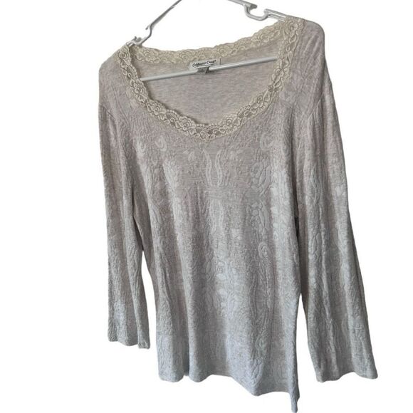 Coldwater Creek Lace Trim Jacquard Floral Scoop Neck Long Sleeve Top Cream Small - Picture 3 of 11
